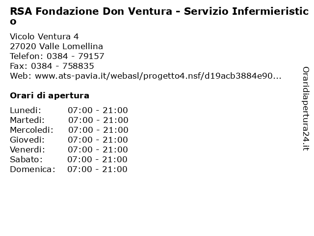 RSA Fondazione Don Ventura - Servizio Infermieristico a Valle Lomellina: indirizzo e orari di apertura