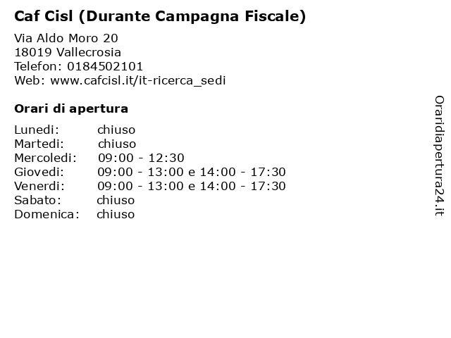 Caf Cisl (Durante Campagna Fiscale) a Vallecrosia: indirizzo e orari di apertura