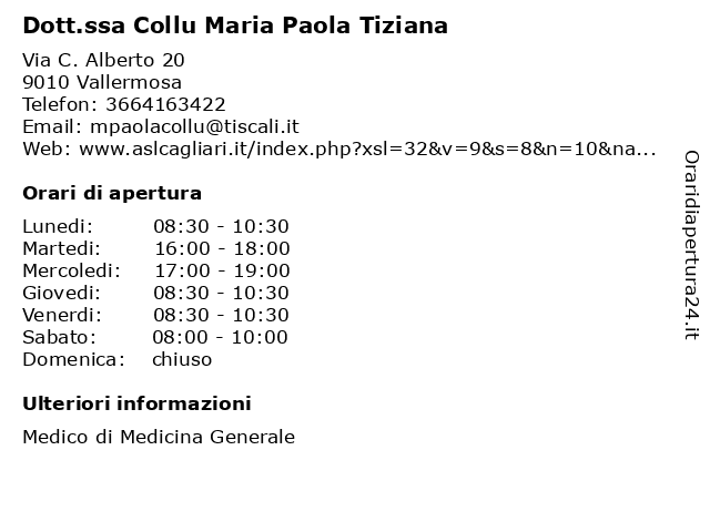 Dott.ssa Collu Maria Paola Tiziana a Vallermosa: indirizzo e orari di apertura