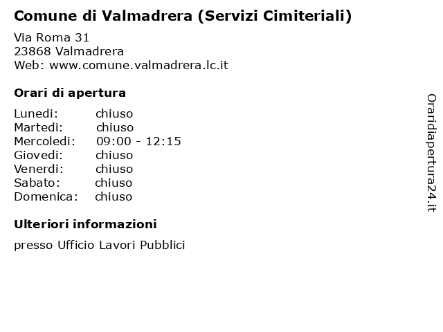 Comune di Valmadrera (Servizi Cimiteriali) a Valmadrera: indirizzo e orari di apertura