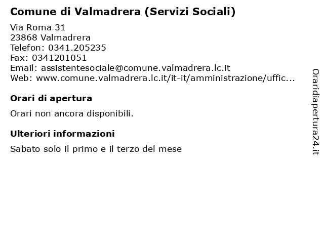 Comune di Valmadrera (Servizi Sociali) a Valmadrera: indirizzo e orari di apertura