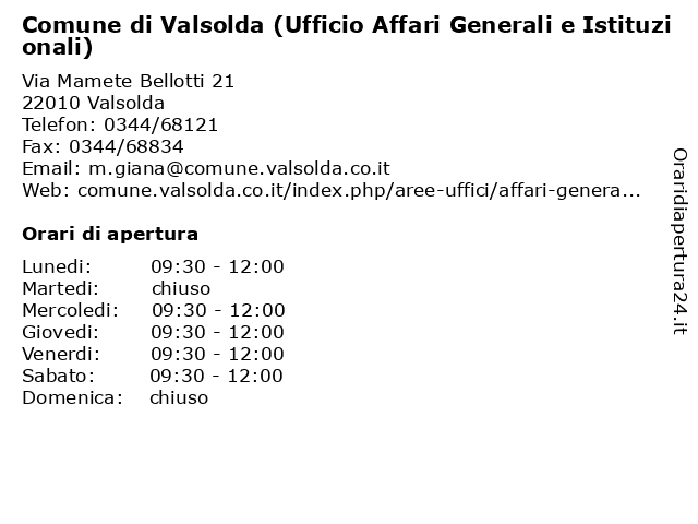 Comune di Valsolda (Ufficio Affari Generali e Istituzionali) a Valsolda: indirizzo e orari di apertura