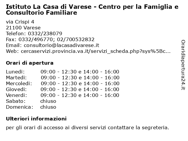 Istituto La Casa di Varese - Centro per la Famiglia e Consultorio Familiare a Varese: indirizzo e orari di apertura