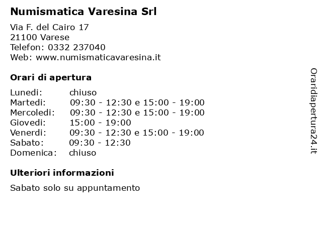 Numismatica Varesina Srl a Varese: indirizzo e orari di apertura