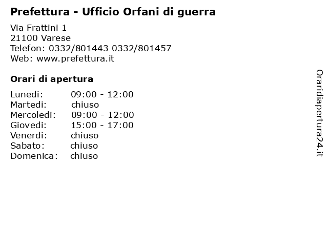 Prefettura - Ufficio Orfani di guerra a Varese: indirizzo e orari di apertura