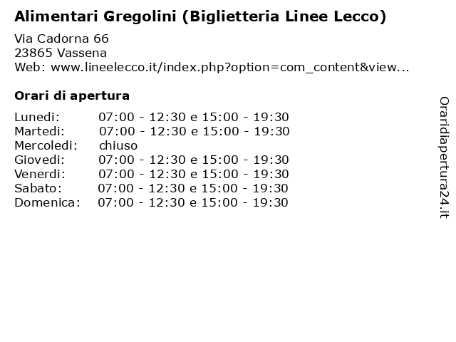 Alimentari Gregolini (Biglietteria Linee Lecco) a Vassena: indirizzo e orari di apertura