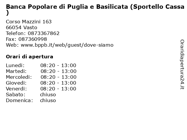 Banca Popolare di Puglia e Basilicata (Sportello Cassa) a Vasto: indirizzo e orari di apertura