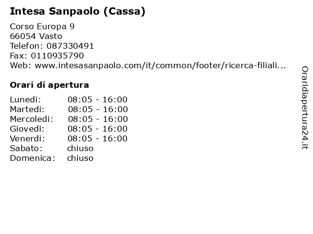 Intesa Sanpaolo (Cassa) a Vasto: indirizzo e orari di apertura