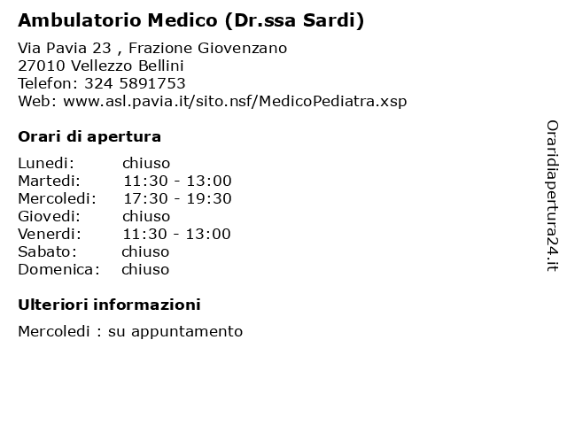 Ambulatorio Medico (Dr.ssa Sardi) a Vellezzo Bellini: indirizzo e orari di apertura