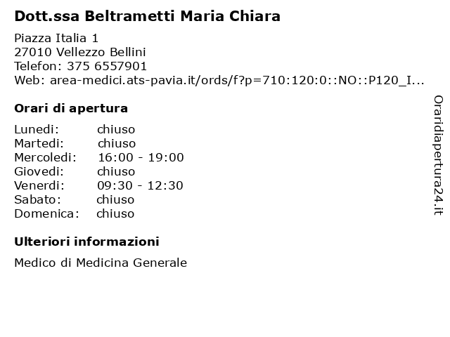 Dott.ssa Beltrametti Maria Chiara a Vellezzo Bellini: indirizzo e orari di apertura