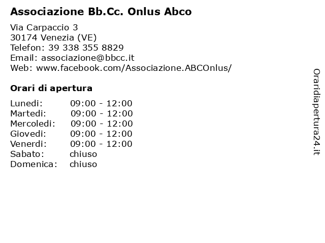Associazione Bb.Cc. Onlus Abco a Venezia (VE): indirizzo e orari di apertura
