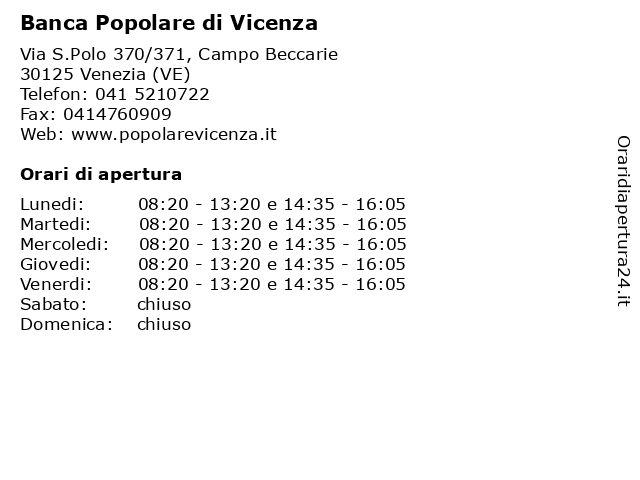 Banca Popolare di Vicenza a Venezia (VE): indirizzo e orari di apertura