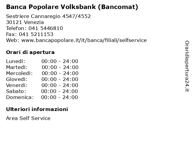 Banca Popolare Volksbank (Bancomat) a Venezia: indirizzo e orari di apertura