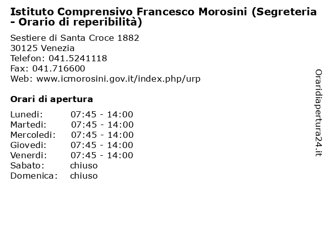Istituto Comprensivo Francesco Morosini (Segreteria - Orario di reperibilità) a Venezia: indirizzo e orari di apertura