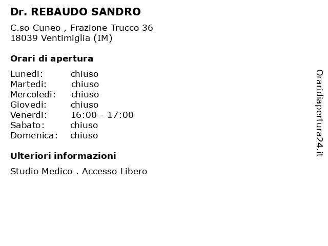 Dr. REBAUDO SANDRO a Ventimiglia (IM): indirizzo e orari di apertura