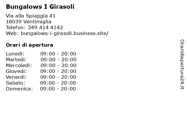 Bungalows I Girasoli a Ventimiglia: indirizzo e orari di apertura