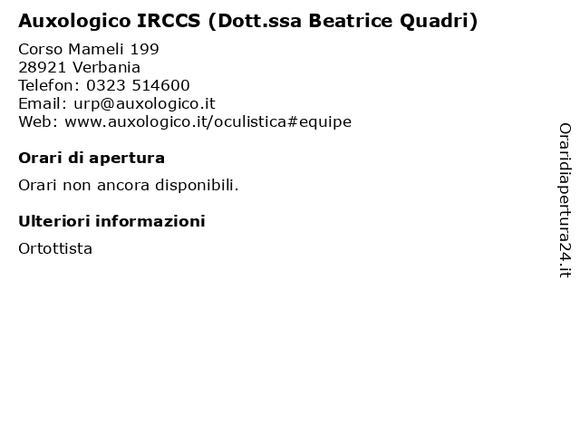 Auxologico IRCCS (Dott.ssa Beatrice Quadri) a Verbania: indirizzo e orari di apertura
