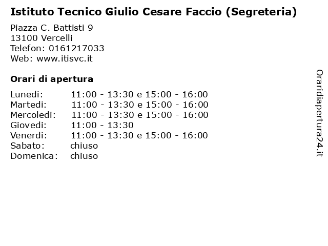 Istituto Tecnico Giulio Cesare Faccio (Segreteria) a Vercelli: indirizzo e orari di apertura