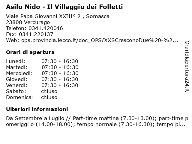 Asilo Nido - Il Villaggio dei Folletti a Vercurago: indirizzo e orari di apertura