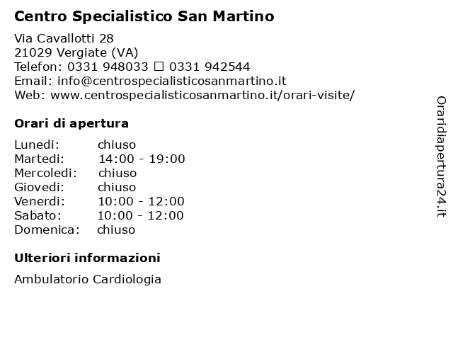Centro Specialistico San Martino ( cardiologia) a Vergiate (VA): indirizzo e orari di apertura