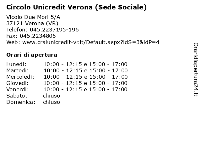 Circolo Unicredit Verona (Sede Sociale) a Verona (VR): indirizzo e orari di apertura