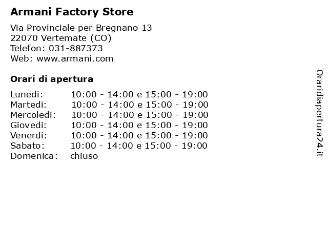 ᐅ Orari di apertura „Armani Factory Store“ | Via Provinciale per Bregnano