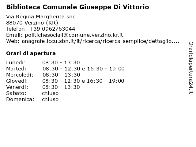 Biblioteca comunale Giuseppe Di Vittorio a Verzino (KR): indirizzo e orari di apertura