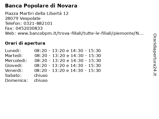 Banca Popolare di Novara a Vespolate: indirizzo e orari di apertura
