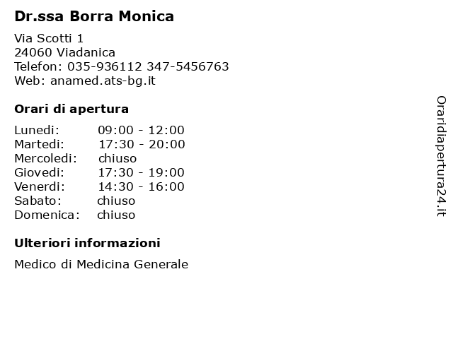 Ambulatorio Medico (Dr.ssa Borra Monica) a Viadanica: indirizzo e orari di apertura