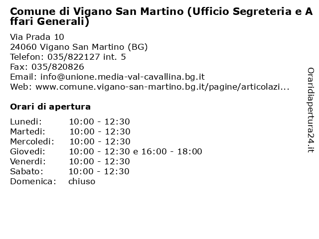 Comune di Vigano San Martino (Ufficio Segreteria e Affari Generali) a Vigano San Martino (BG): indirizzo e orari di apertura