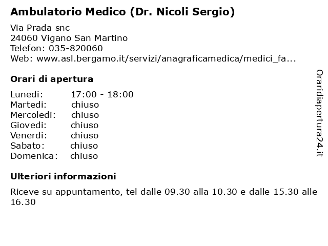 Ambulatorio Medico (Dr. Nicoli Sergio) a Vigano San Martino: indirizzo e orari di apertura