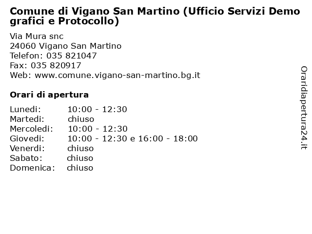Comune di Vigano San Martino (Ufficio Servizi Demografici e Protocollo) a Vigano San Martino: indirizzo e orari di apertura