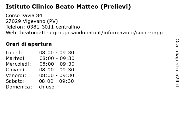 Istituto Clinico Beato Matteo (Prelievi) a Vigevano (PV): indirizzo e orari di apertura
