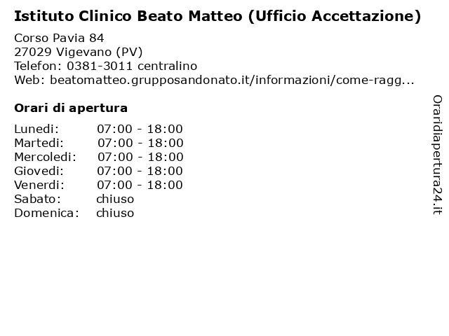 Istituto Clinico Beato Matteo (Ufficio Accettazione) a Vigevano (PV): indirizzo e orari di apertura