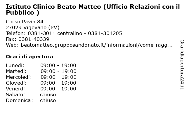 Istituto Clinico Beato Matteo (Ufficio Relazioni con il Pubblico ) a Vigevano (PV): indirizzo e orari di apertura