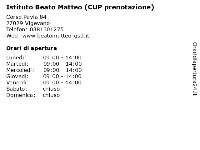 Istituto Beato Matteo (CUP prenotazione) a Vigevano: indirizzo e orari di apertura