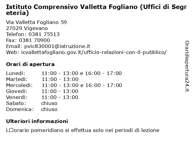 Istituto Comprensivo Valletta Fogliano (Uffici di Segreteria) a Vigevano: indirizzo e orari di apertura