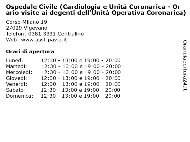 Ospedale Civile (Cardiologia e Unità Coronarica - Orario visite ai degenti dell'Unità Operativa Coronarica) a Vigevano: indirizzo e orari di apertura