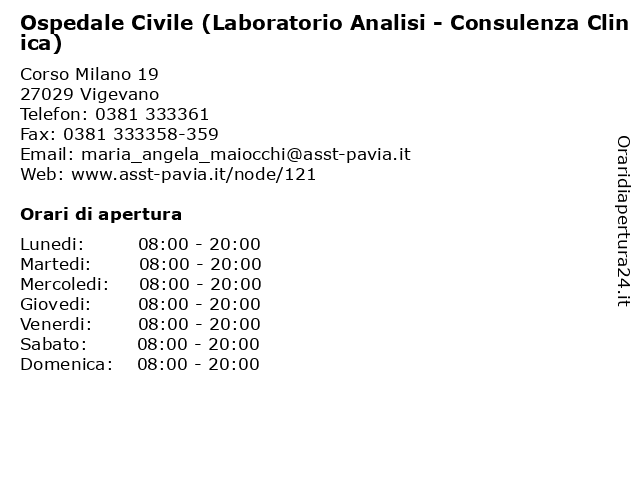 Ospedale Civile (Laboratorio Analisi - Consulenza clinica) a Vigevano: indirizzo e orari di apertura