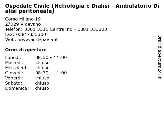 Ospedale Civile (Nefrologia e Dialisi - Ambulatorio Dialisi peritoneale) a Vigevano: indirizzo e orari di apertura