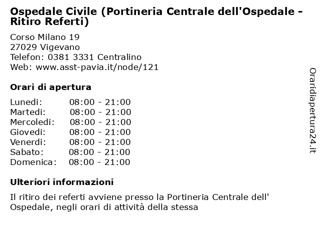 Ospedale Civile (Portineria Centrale dell'Ospedale) a Vigevano: indirizzo e orari di apertura