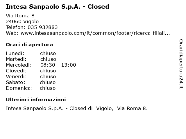 Intesa Sanpaolo S.p.A. a Vigolo: indirizzo e orari di apertura