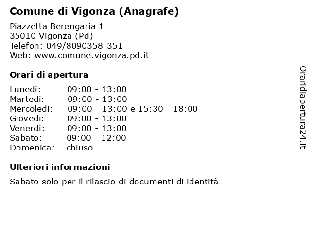 Comune di Vigonza (Anagrafe) a Vigonza (Pd): indirizzo e orari di apertura