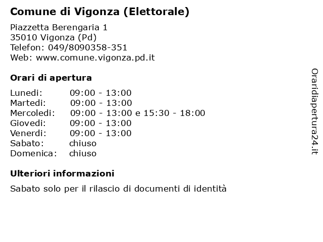 Comune di Vigonza (Elettorale) a Vigonza (Pd): indirizzo e orari di apertura