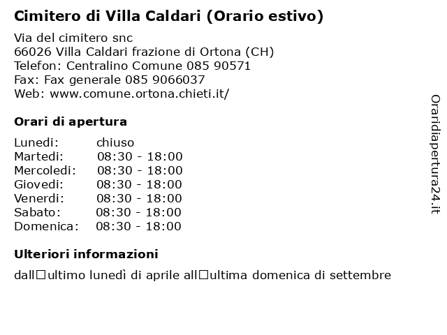 Cimitero di Villa Caldari (Orario estivo) a Villa Caldari frazione di Ortona (CH): indirizzo e orari di apertura