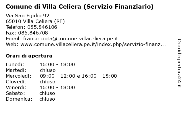 Comune di Villa Celiera (Servizio Finanziario) a Villa Celiera (PE): indirizzo e orari di apertura