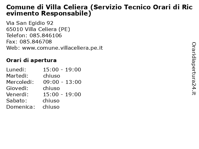 Comune di Villa Celiera (Servizio Tecnico Orari di Ricevimento Responsabile) a Villa Celiera (PE): indirizzo e orari di apertura