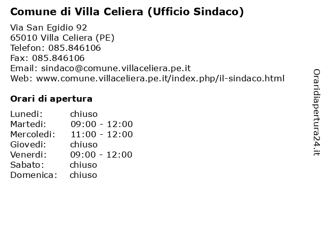 Comune di Villa Celiera (Ufficio Sindaco) a Villa Celiera (PE): indirizzo e orari di apertura