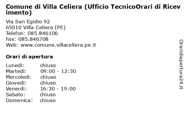 Comune di Villa Celiera (Ufficio TecnicoOrari di Ricevimento) a Villa Celiera (PE): indirizzo e orari di apertura