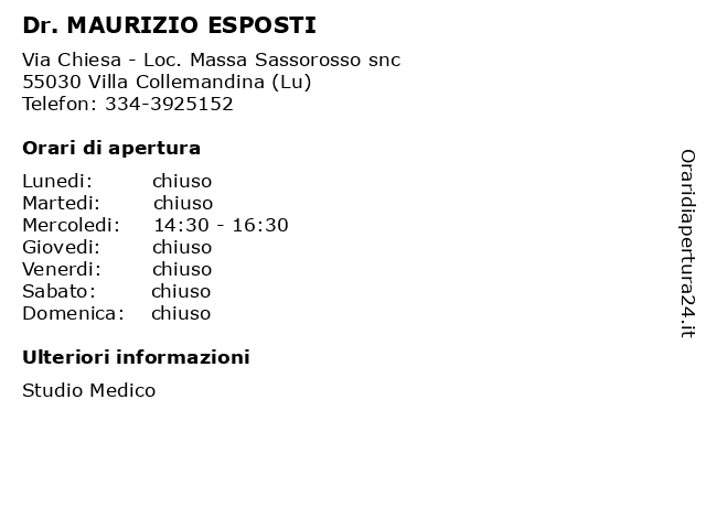 Dr. MAURIZIO ESPOSTI a Villa Collemandina (Lu): indirizzo e orari di apertura